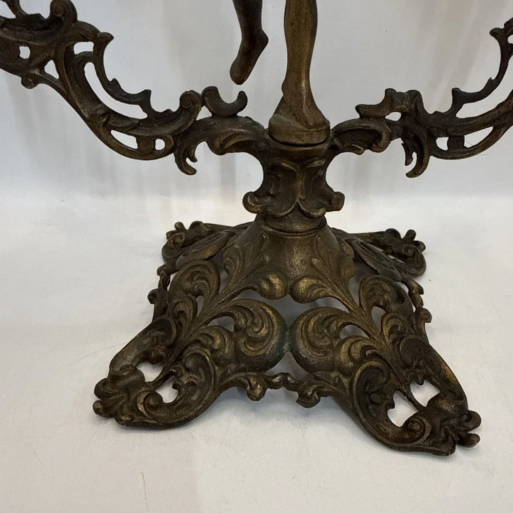 Vintage Bronze Candelabra Lady Figurine 2-Arm Candle Holder Ornate Victorian Bro